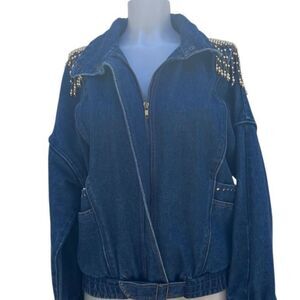 Weathered Blues Denim Jacket Women's Medium Blue Full Zip Fringed Embellished